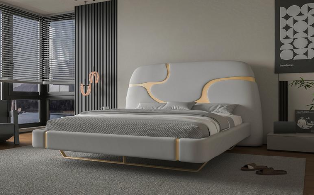 Cama de luxo com detalhes dourados Design moderno Cabeceira macia Quarto