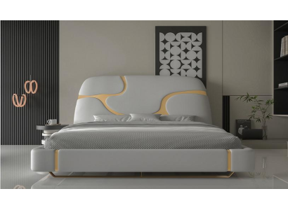 Cama de luxo com detalhes dourados Design moderno Cabeceira macia Quarto