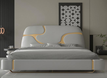 Cama de luxo com detalhes dourados Design moderno Cabeceira macia Quarto