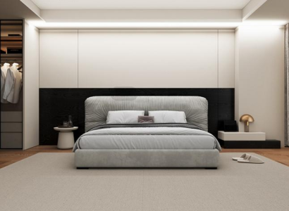 Estrutura de cama cinza luxuosa com cabeceira estofada moderna