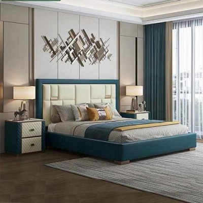 Cama azul de luxo com cabeceira estofada moderna e cores vibrantes