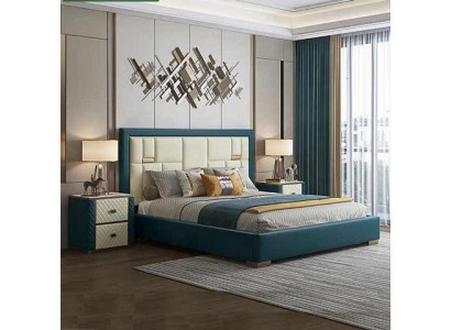 Cama azul de luxo com cabeceira estofada moderna e cores vibrantes