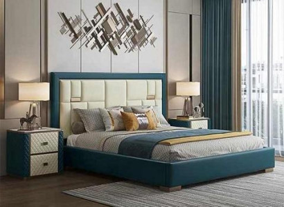 Cama azul de luxo com cabeceira estofada moderna e cores vibrantes