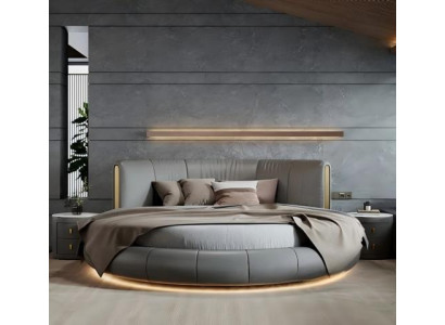 Cama redonda cinza-bege com design moderno e exclusivo para o quarto