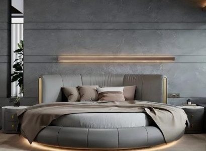 Cama redonda cinza-bege com design moderno e exclusivo para o quarto