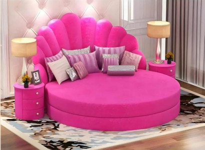 Cama redonda elegante branca com estofamento de veludo roxo para quarto moderno