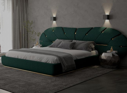 Cama luxuosa com acentos acolchoados para quarto moderno