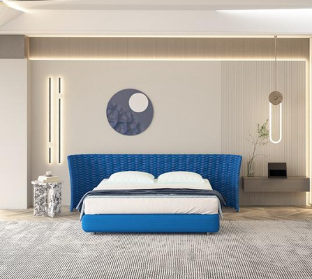 Cama de tecido azul com cabeceira estofada