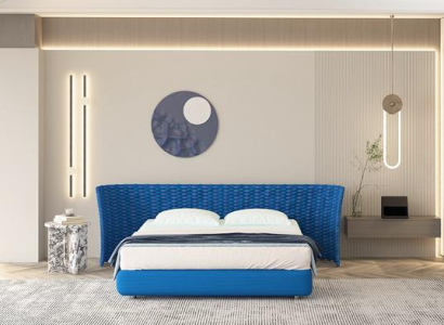 Cama de tecido azul com cabeceira estofada
