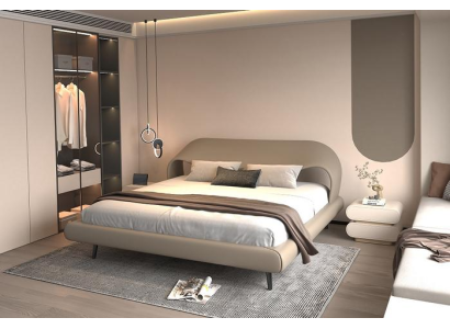 Cama cinza elegante com design minimalista e arredondado