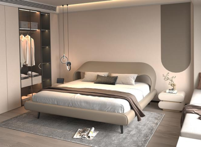Cama cinza elegante com design minimalista e arredondado
