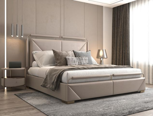 Design de cama luxuoso moderno em bege com detalhes dourados e uma cabeceira elegante