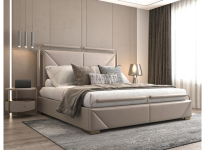 Design de cama luxuoso moderno em bege com detalhes dourados e uma cabeceira elegante