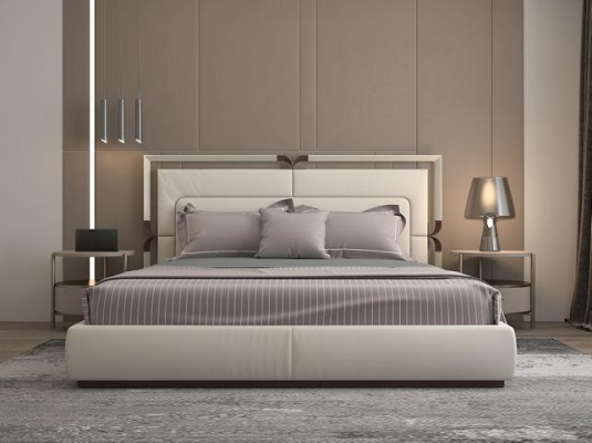 Cama de luxo moderna em bege com acentos marrons e um cabeceira elegante