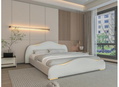 Cama cinza moderna com detalhes dourados e um cabeceira elegante