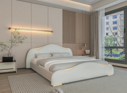 Cama cinza moderna com detalhes dourados e um cabeceira elegante