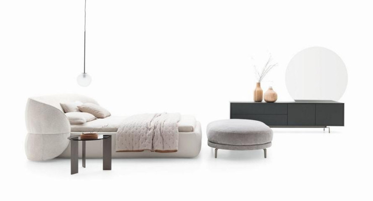 Banco moderno com função de cama em elegante tecido cinza