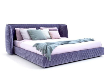 Cama moderna de veludo azul com cabeceira elegante