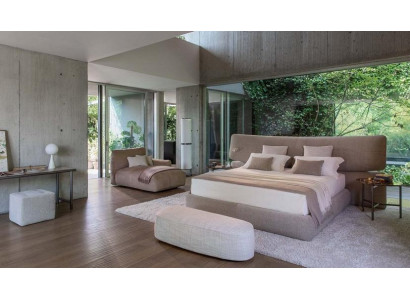 Cama de tecido preta moderna com cabeceira alta