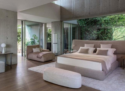 Cama de tecido preta moderna com cabeceira alta