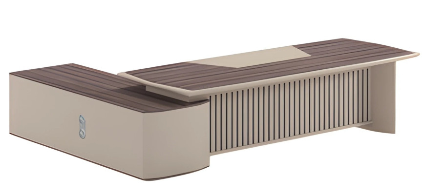 Escrivaninha moderna bege com efeito de madeira e grande superfície