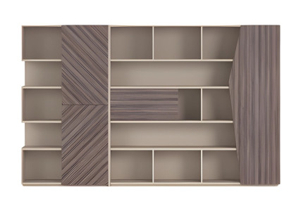 Sistema de armazenamento moderno com efeito de madeira em bege e marrom, armário aberto com gavetas