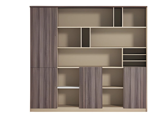 Armário de escritório moderno em bege e marrom com efeito de madeira, aberto, para local de trabalho