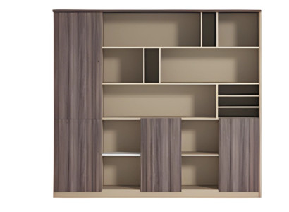 Armário de escritório moderno em bege e marrom com efeito de madeira, aberto, para local de trabalho