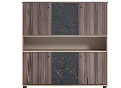 Armário de escritório marrom cinza com aparência moderna de madeira e portas dobráveis