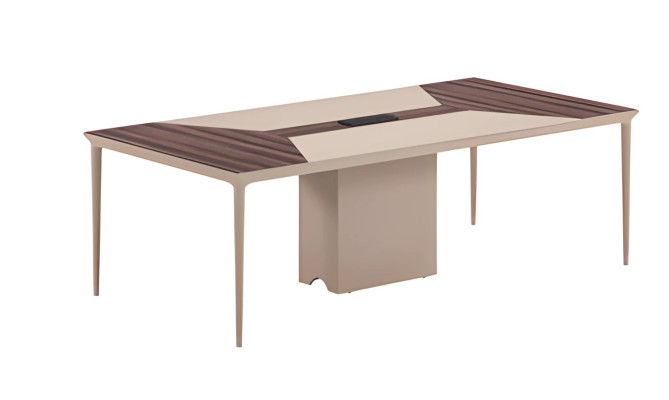 Mesa de conferência bege com estrutura de madeira e design moderno para escritório e reuniões