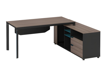 Mesa de canto moderna em madeira escura com prateleiras e gavetas