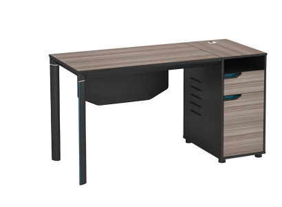 Moderna mesa de escritório de madeira preta com aberturas para gerenciamento de cabos e espaço de armazenamento