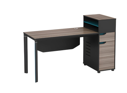 Escrivaninha com efeito de madeira em marrom, equipada com espaço de armazenamento e gerenciamento de cabos