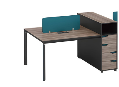 Mesa de escritório moderna com espaço de armazenamento, painel divisório e aparência de madeira