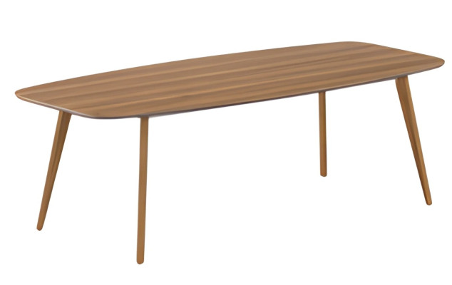 Mesa moderna com tampo elegante e pernas de madeira simples