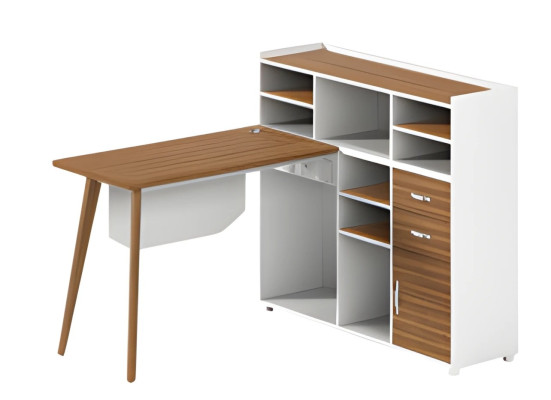 Mesa de madeira Balta com espaço de armazenamento, compartimentos abertos e pernas elegantes