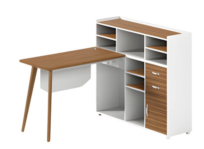 Mesa de madeira Balta com espaço de armazenamento, compartimentos abertos e pernas elegantes