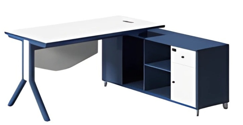 Mesa elegante com tampo branco e armazenamento azul
