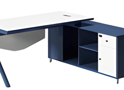 Mesa elegante com tampo branco e armazenamento azul