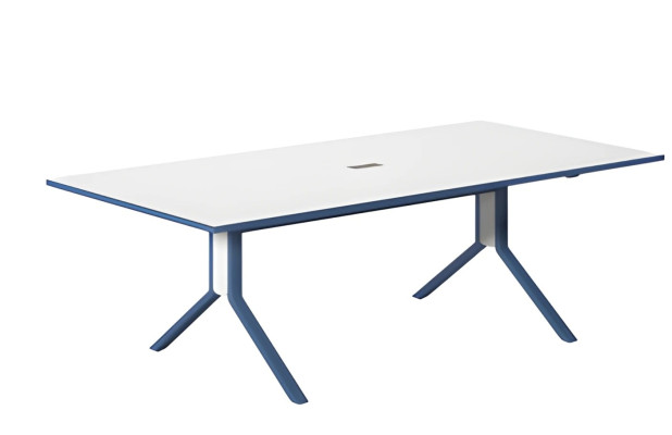 Mesa de reunião moderna com tampo branco e elegante impressão azul