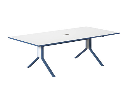 Mesa de reunião moderna com tampo branco e elegante impressão azul