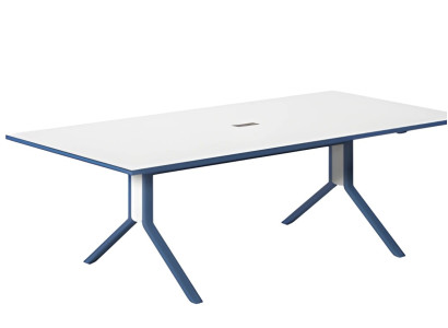 Mesa de reunião moderna com tampo branco e elegante impressão azul