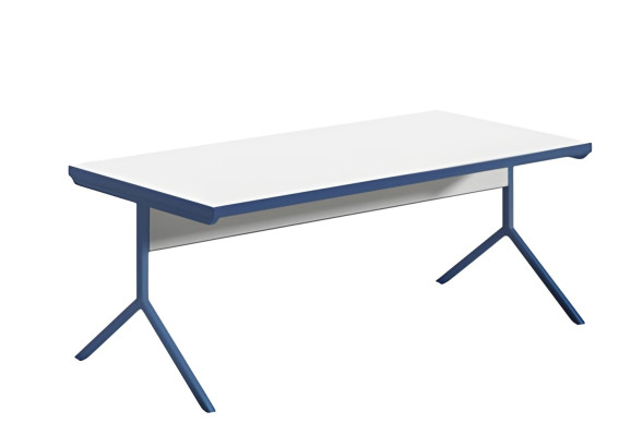 Mesa branca moderna com pernas de metal azul em um design elegante