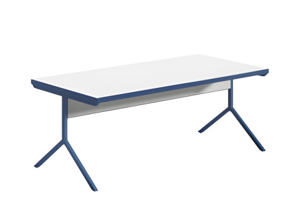 Mesa branca moderna com pernas de metal azul em um design elegante