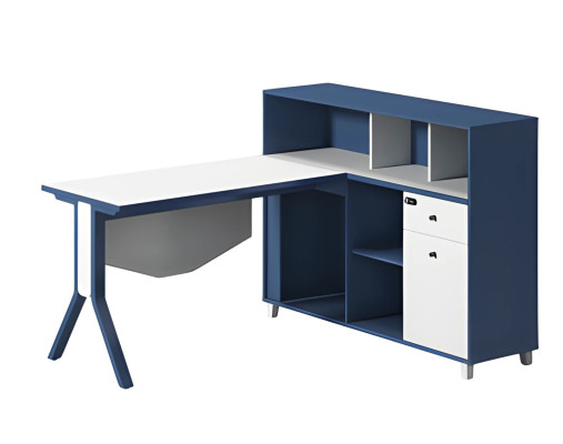 Escrivaninha preta e branca com espaço de armazenamento, prateleiras abertas e pernas elegantes