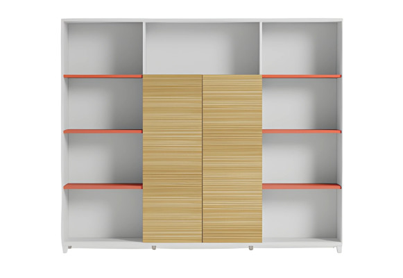 Lâmpada de mesa elegante com prateleiras de madeira e acentos laranja