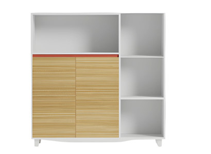 Armário de escritório elegante com prateleiras de madeira e acentos vermelhos