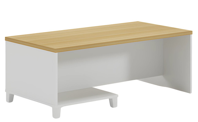 Mesa de centro moderna com estrutura branca e tampo de madeira para interiores elegantes