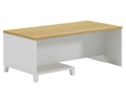 Mesa de centro moderna com estrutura branca e tampo de madeira para interiores elegantes