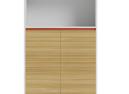 Armário de escritório moderno com prateleiras de madeira e acentos vermelhos em um design elegante